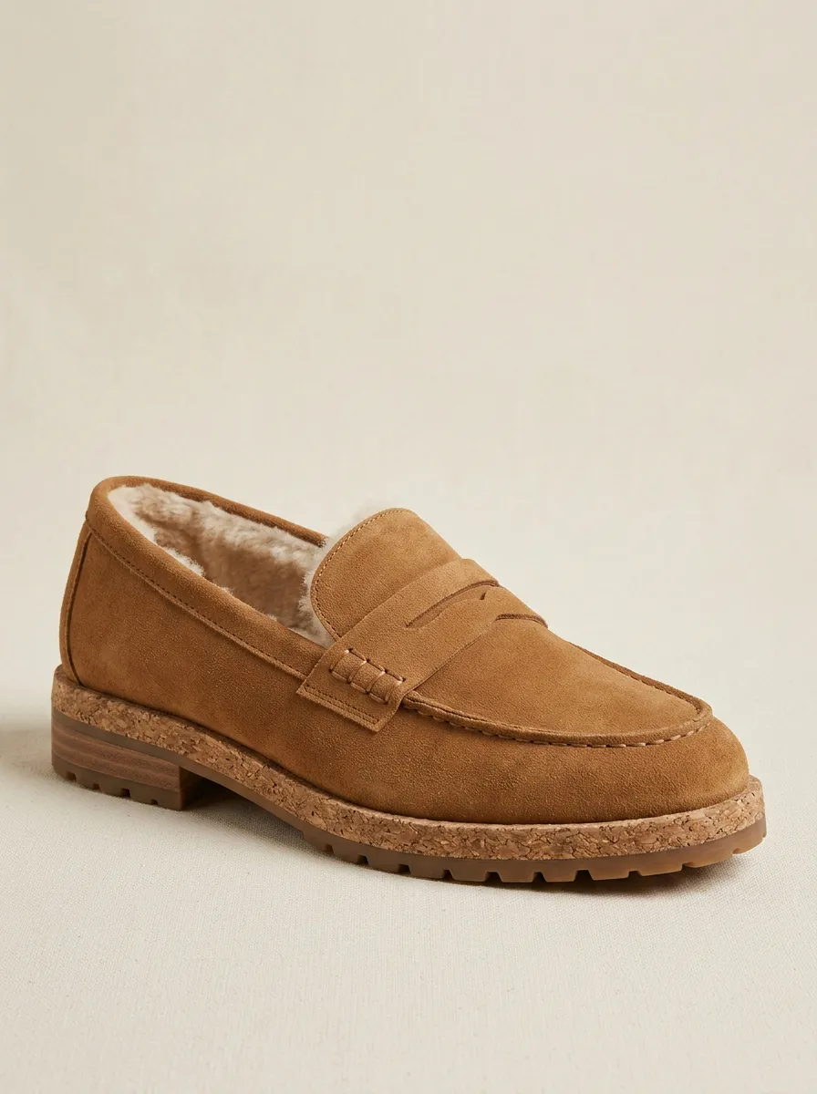 Women's Classic Faux Fur Lined Suede Wood Sole Loafers