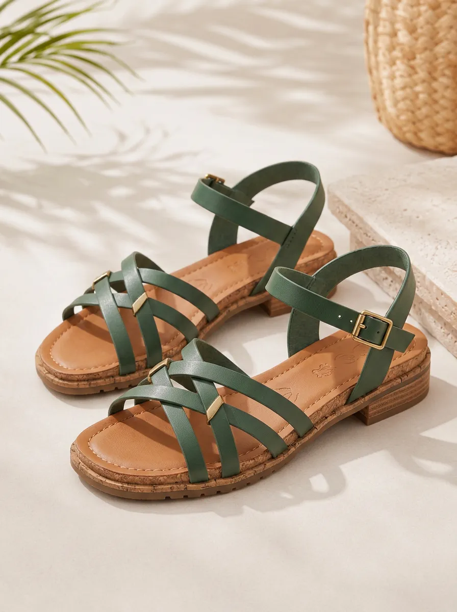Women's Casual Summer Green Strappy Cork Sole Sandals