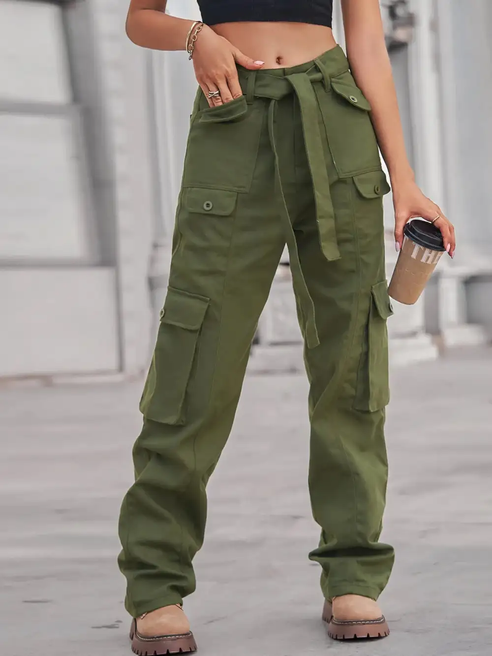 High Waist Cargo Pocketed Denim Jeans