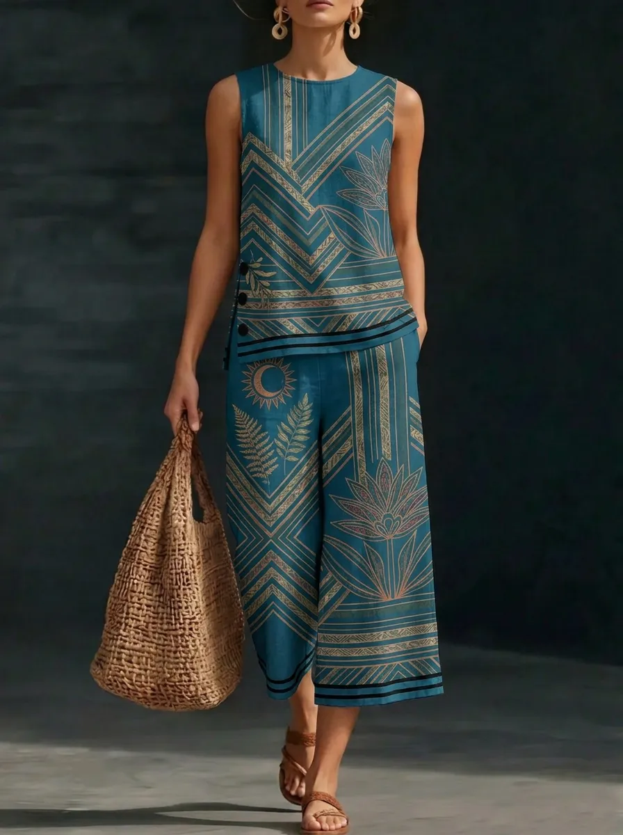 Women's Bohemian Moon Fern Geometric Printed Sleeveless Set