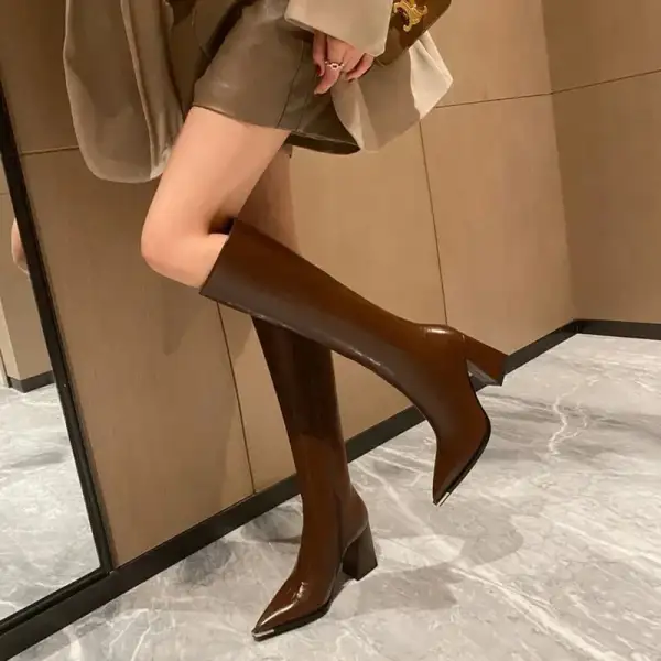 Pointed-Toe Square-Heel Knee-High Boots