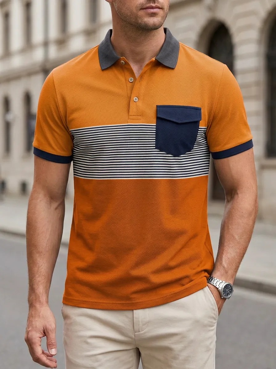 Men's Everyday Colorblock Striped Pocket Polo Shirt