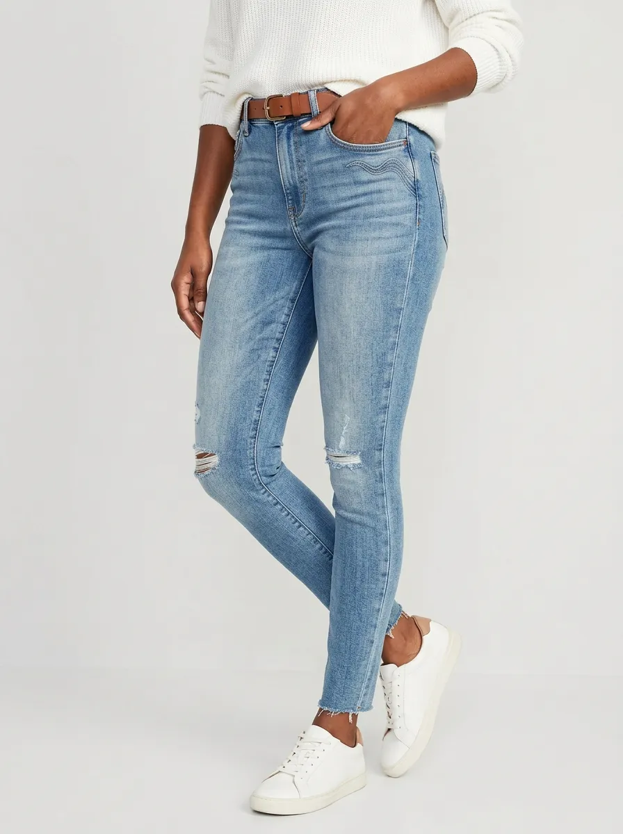 Women's Casual Distressed Raw Hem Slim Fit Jeans