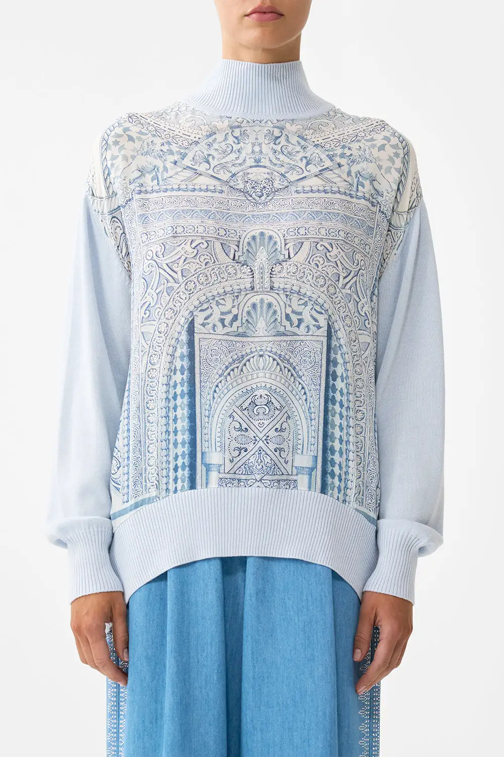 Silk Front Turtle Neck Knit Top