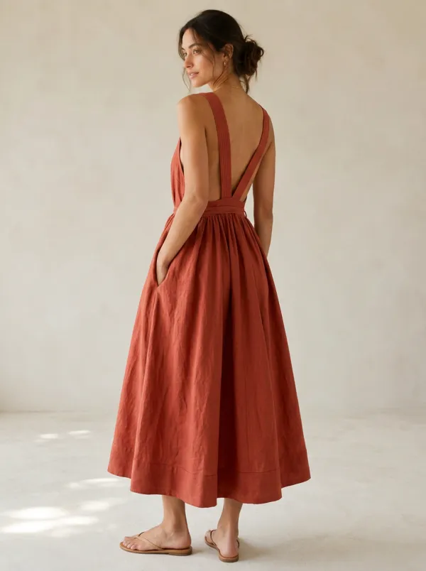 Women's Fresh Casual Linen Midi Backless Dress
