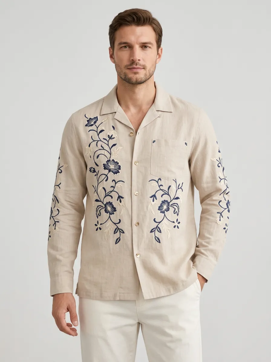 Men's Floral Embroidered Linen Long Sleeve Shirt