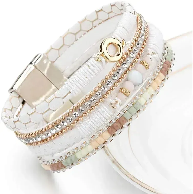 Fesciory Leather Wrap Bracelets for Women, Boho Leopard Multi-Layer Crystal Beads Cuff Bracelet Jewelry