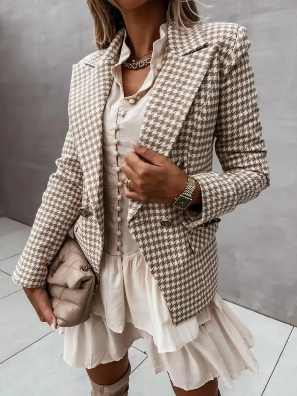 Refined Double-Breasted Houndstooth Blazer