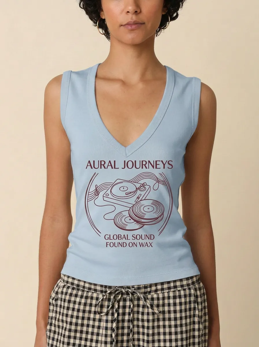 Women's Music Lover Vinyl Record Player Printed V-neck Tank Top