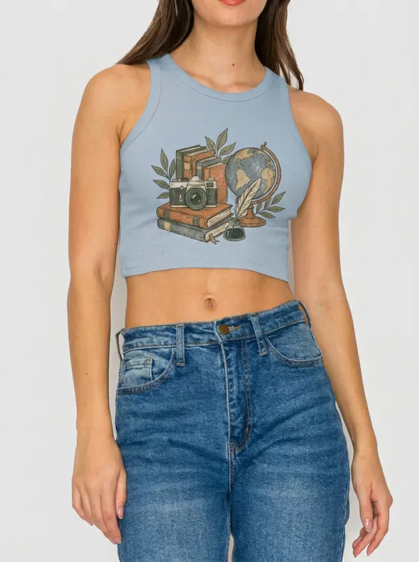 Women's Book Lover Travel Globe Camera Printed Crop Top