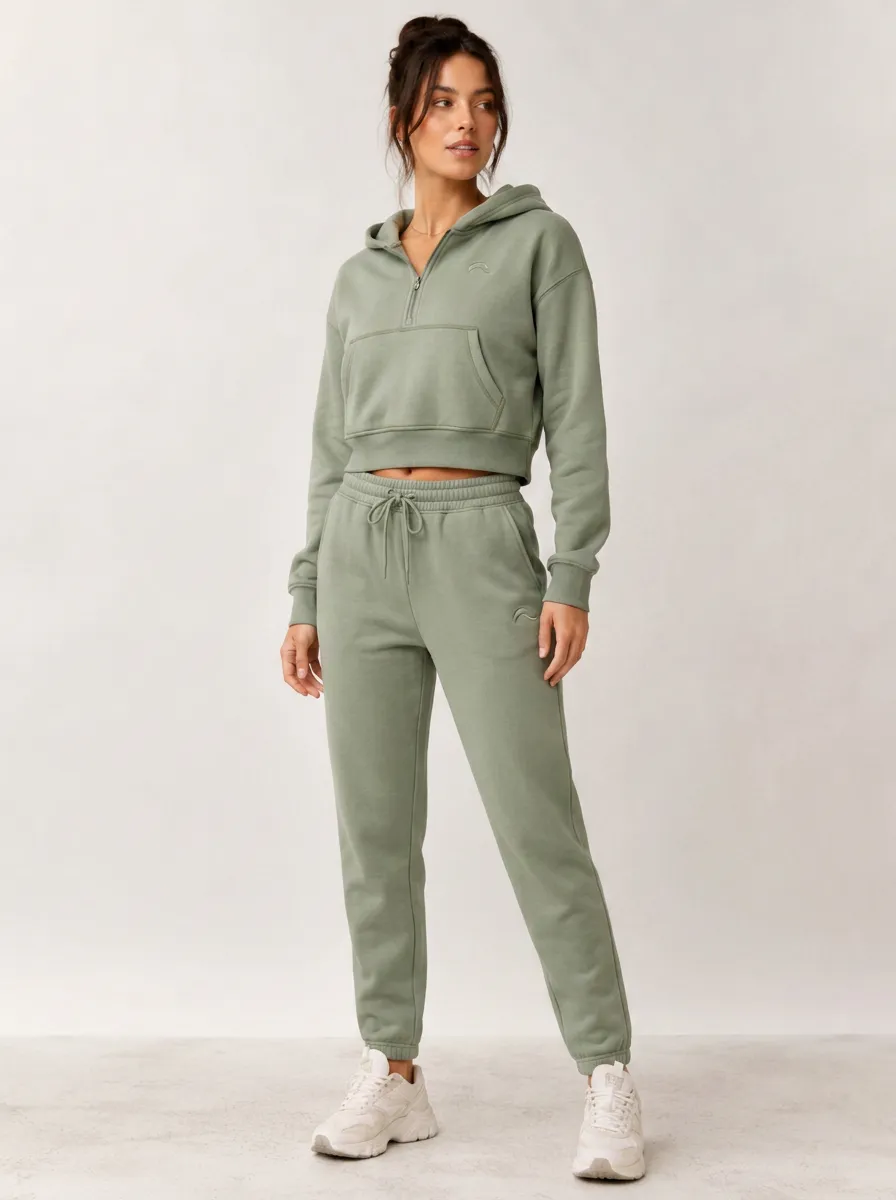 Women's Sage Green Quarter-Zip Cropped Hoodie and Jogger Set