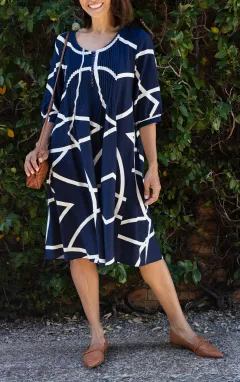 Below-Knee Abstract Viscose Button-Front Pleated V-Neck Half-Sleeve Dress