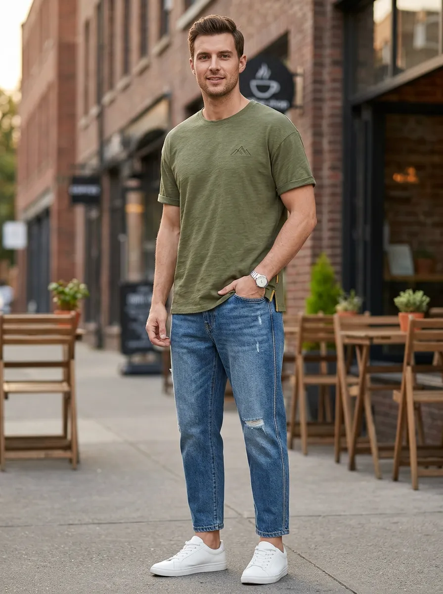 Men's Mountain Lover Olive Embroidered T-shirt and Distressed Jeans Set