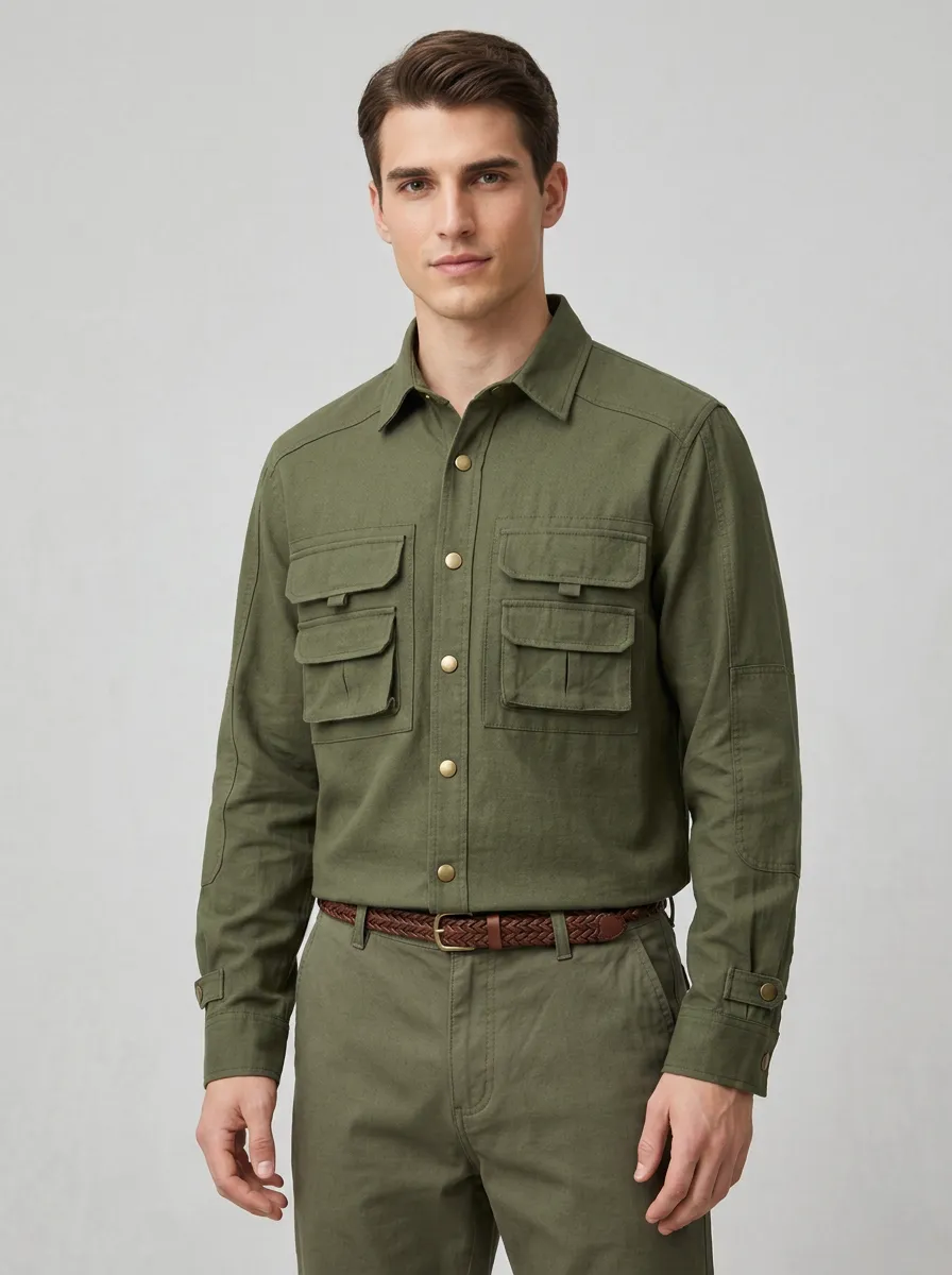 Men's Outdoor Tactical Olive Green Multi-Pocket Cargo Shirt