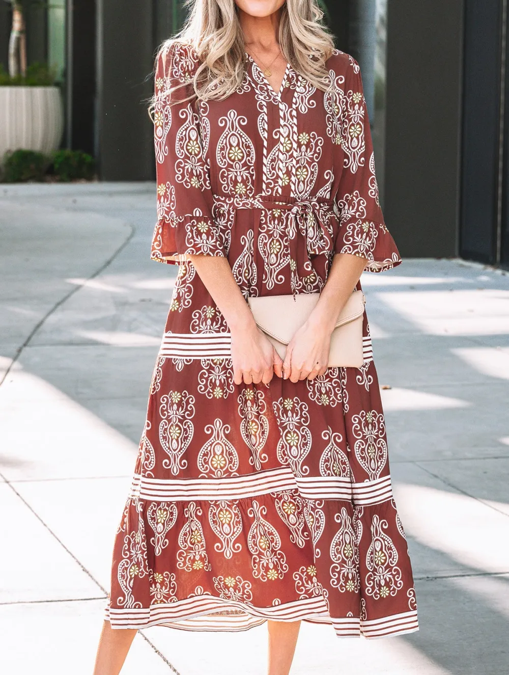 Floral Print Belted Striped Trim Tiered Maxi Dress