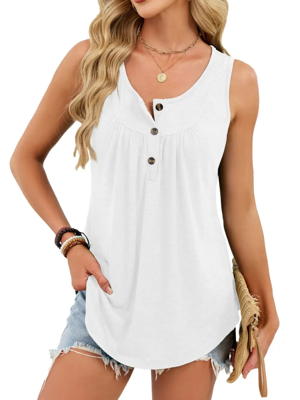 Round-Neck Buttoned Ruched Tank Top