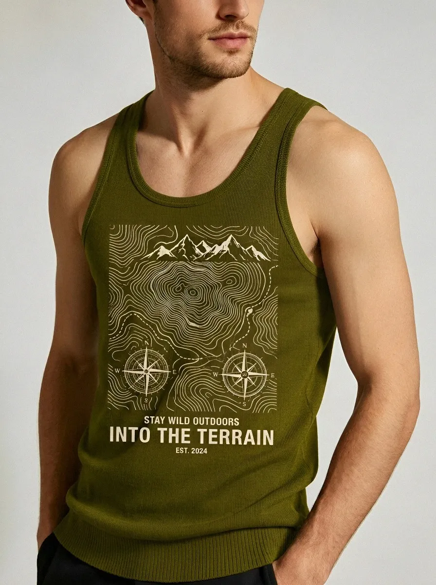 Men's Outdoor Hiking Mountain Compass Printed Tank Top