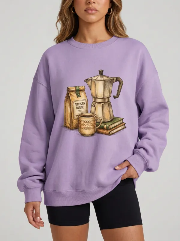Women's Coffee Lover Artisan Blend Moka Pot Books Printed Sweatshirt