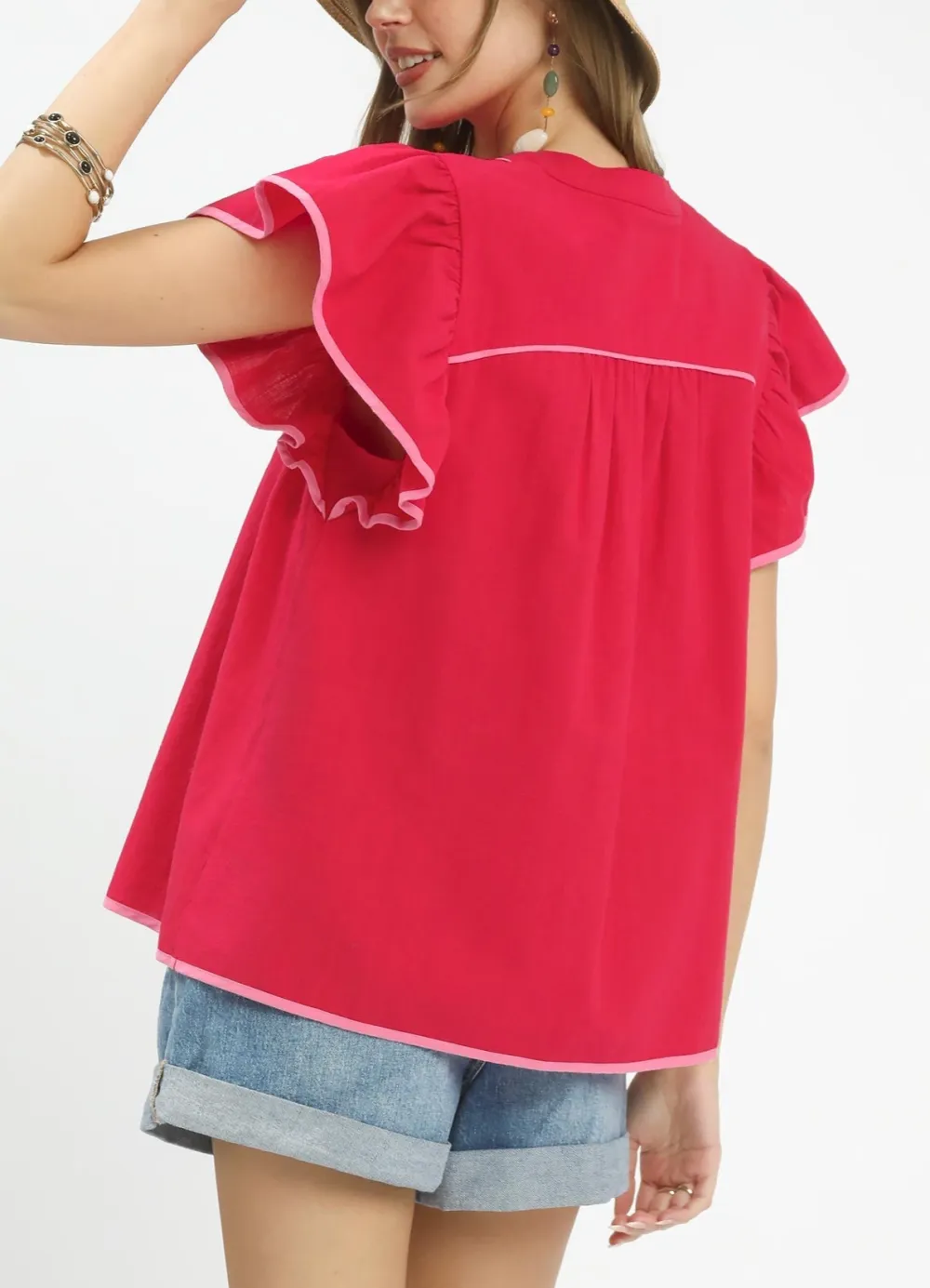 Contrast Trim Ruched Tiered Flutter Sleeve Babydoll Top