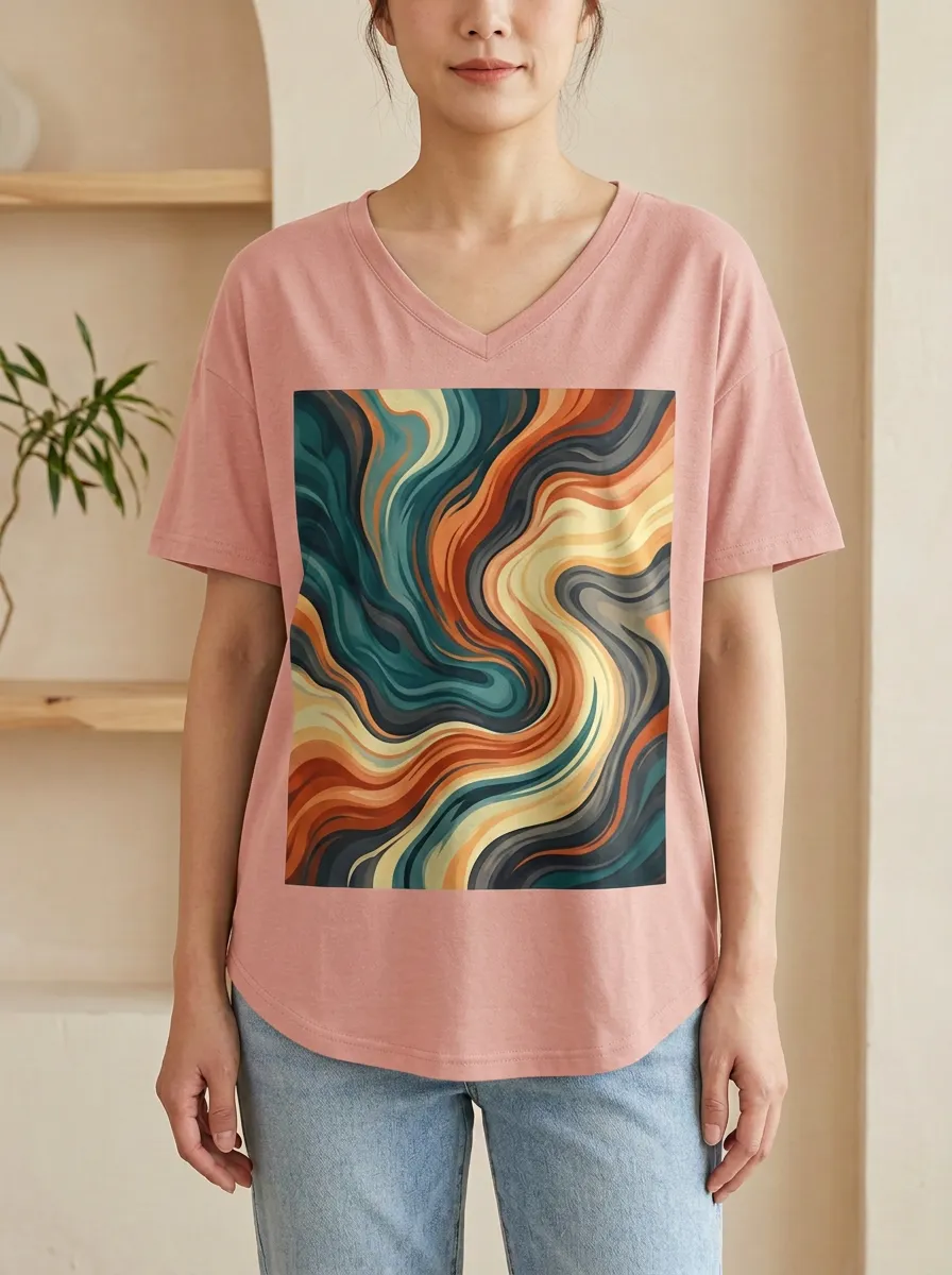 Women's Abstract Art Colorful Swirl Printed V-Neck T-Shirt Modern Pattern