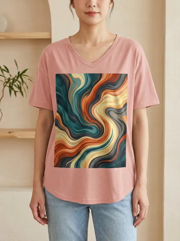Women's Abstract Art Colorful Swirl Printed V-Neck T-Shirt Modern Pattern