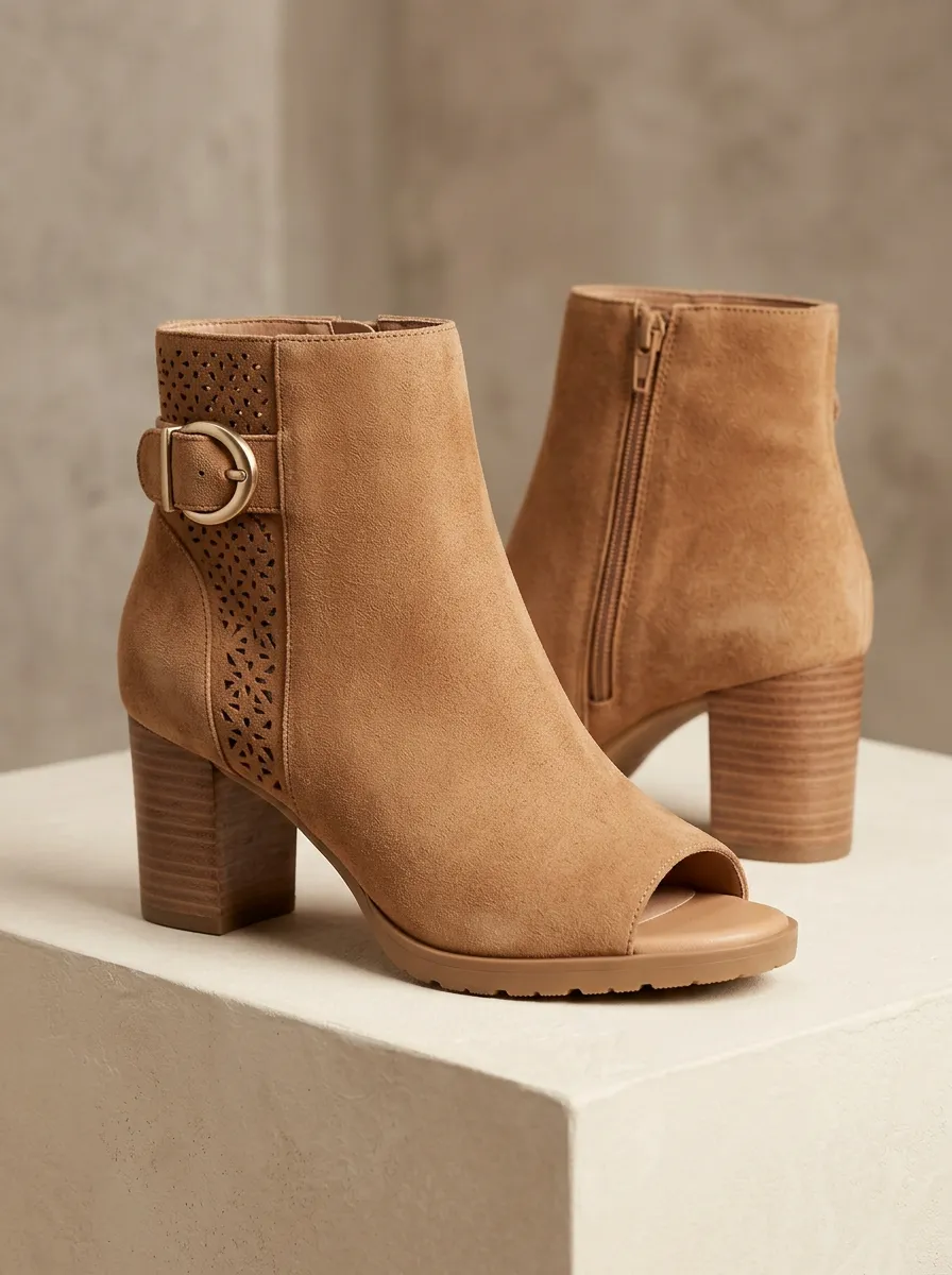Laser-Cut Buckle-Detail Suede-Look Women's Peep-Toe Ankle Boots