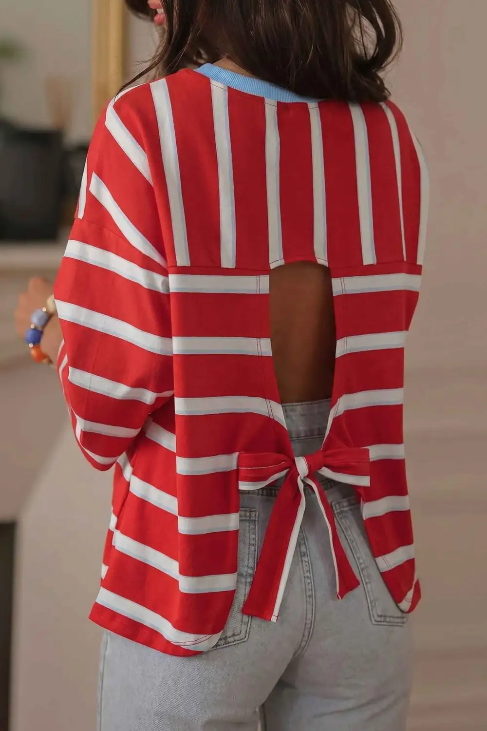 Women's Striped Seven Eighth Sleeve Cutout T-Shirt