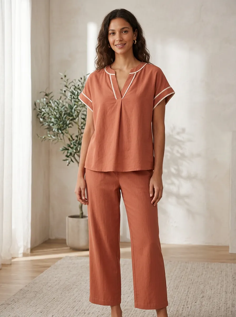 Contrast-Trim Women's V-Neck Shirt
