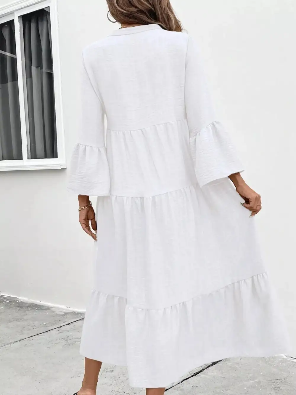 Button Front Ruffle Tiered Dress Casual