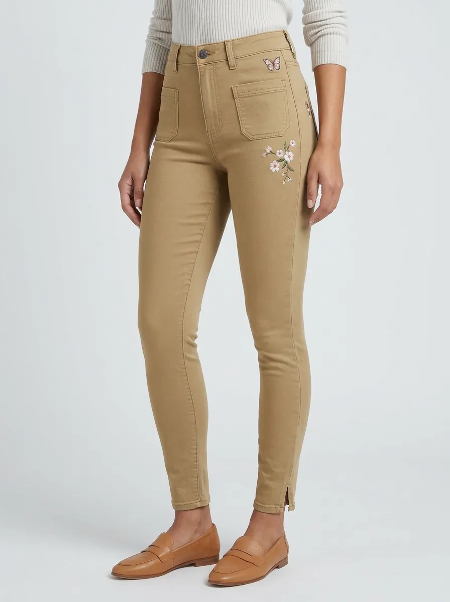 Women's Butterfly Floral Embroidered Printed Slim Jeans