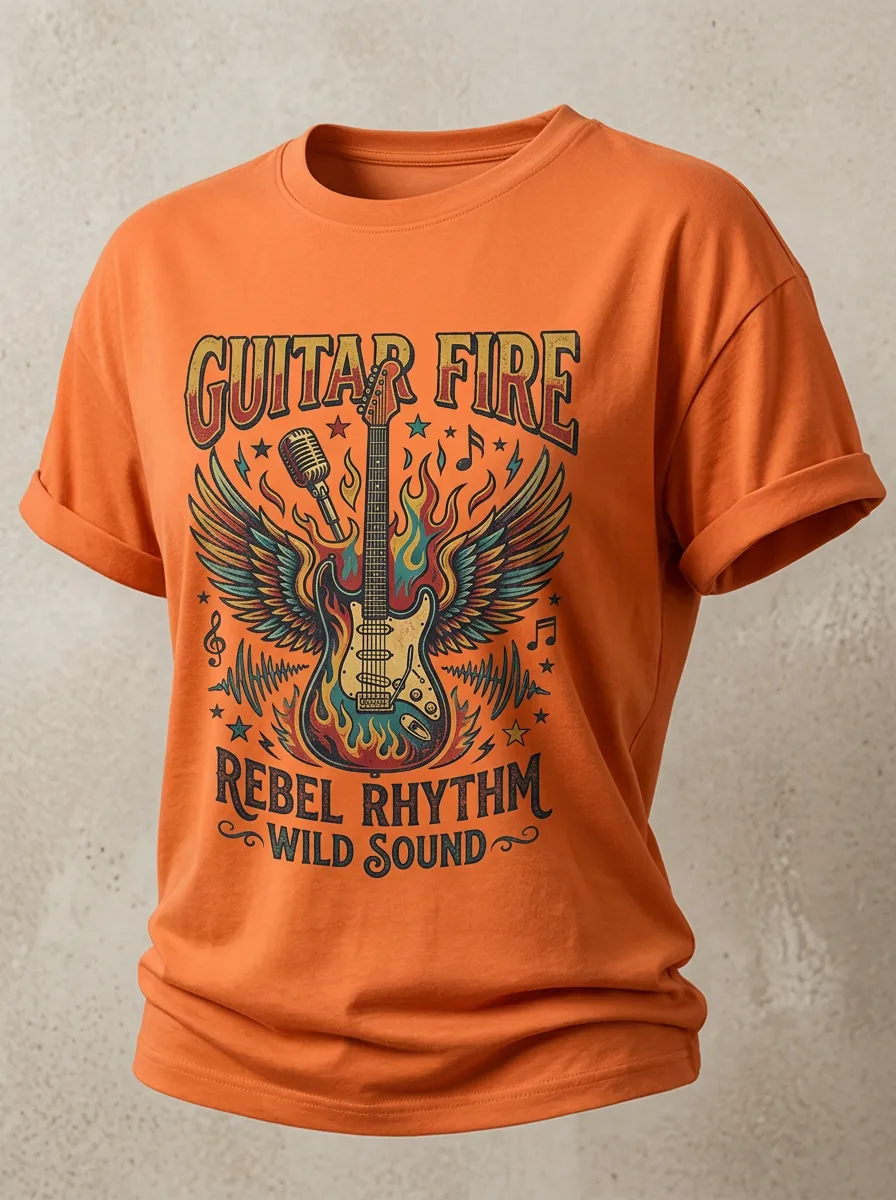Unisex Rock Music Lover Guitar Fire Wings Printed T-shirt