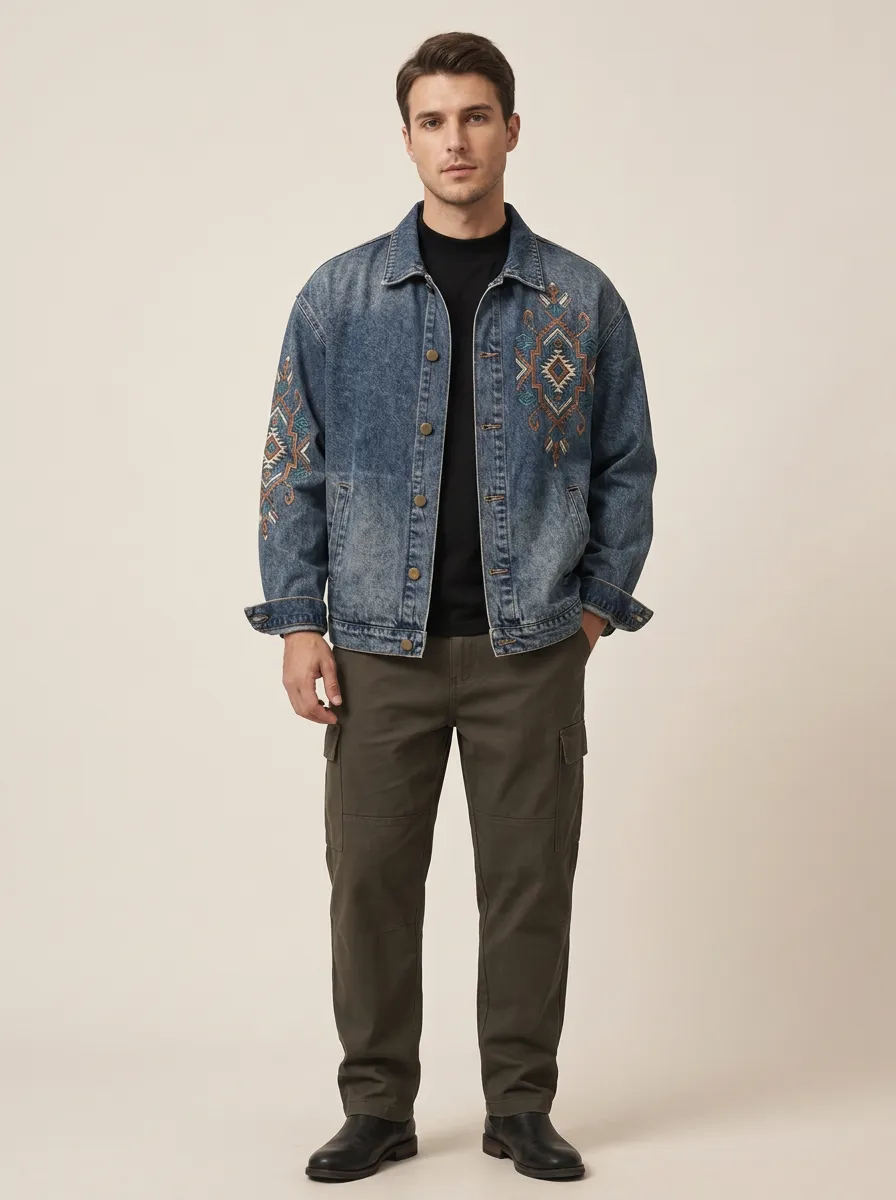 Men's Layering Style Tribal Geometric Denim Jacket