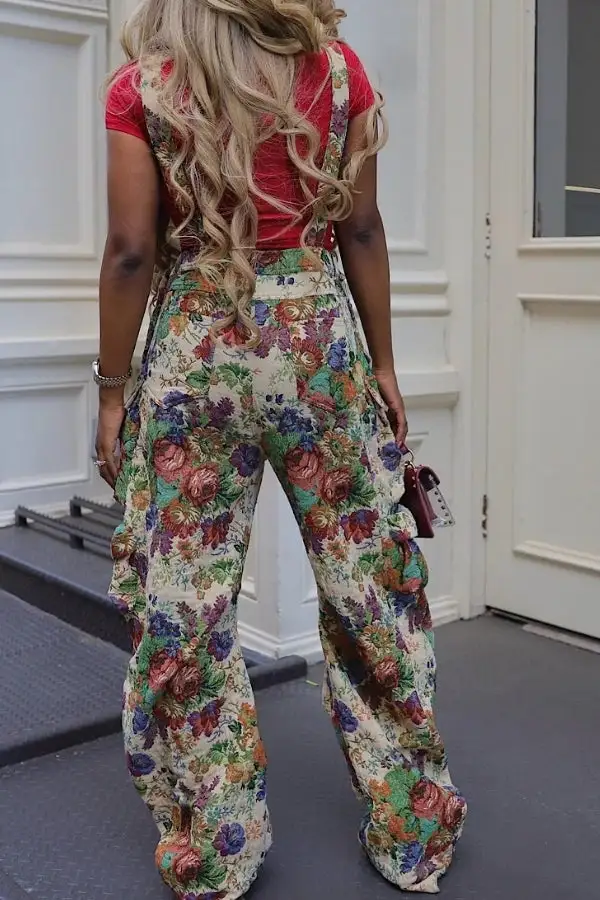 Floral Print Suspenders Pocket Jumpsuit