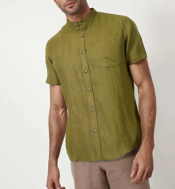 Sap Green Linen Mandarin Collar Shirt