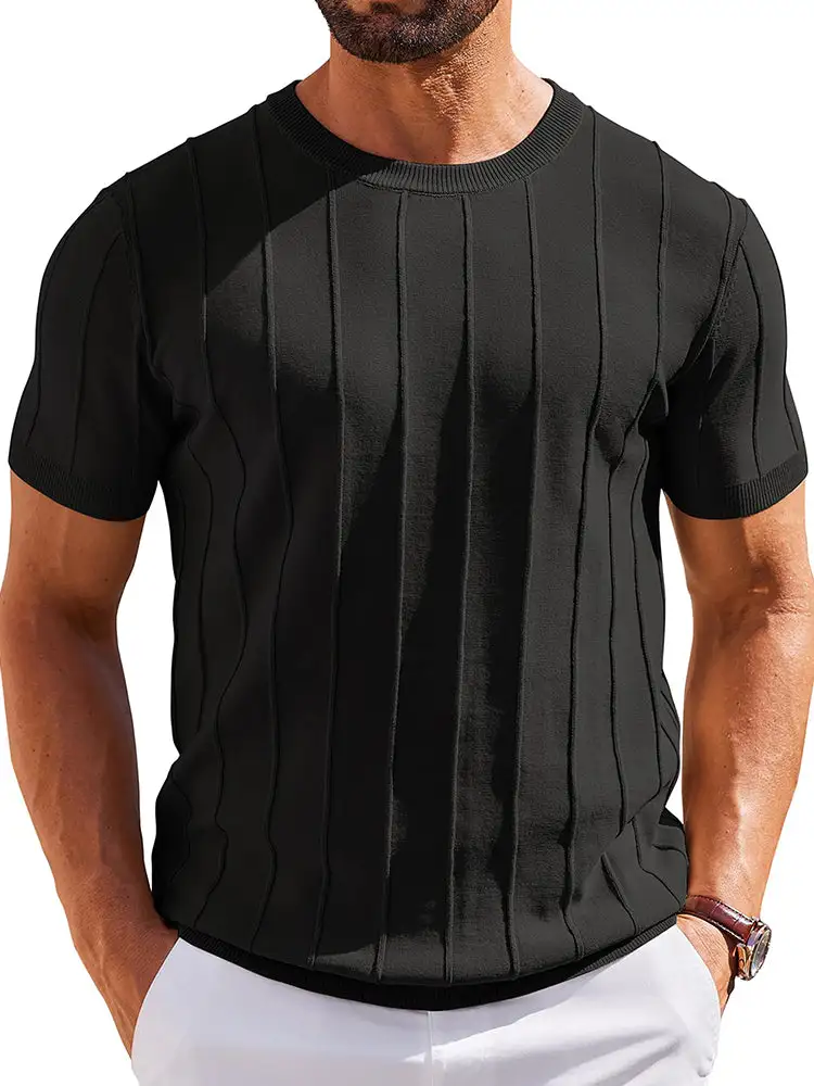 Casual Short Sleeve Shirt Ribbed Knit Pullover Tee
