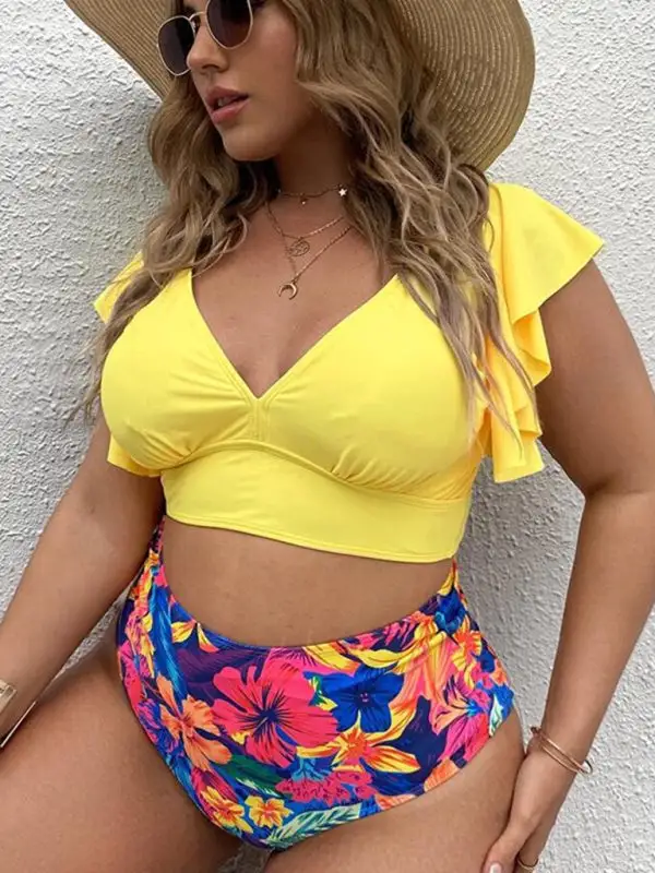 Plus Size Falbala V Neck Bikini Swim Set
