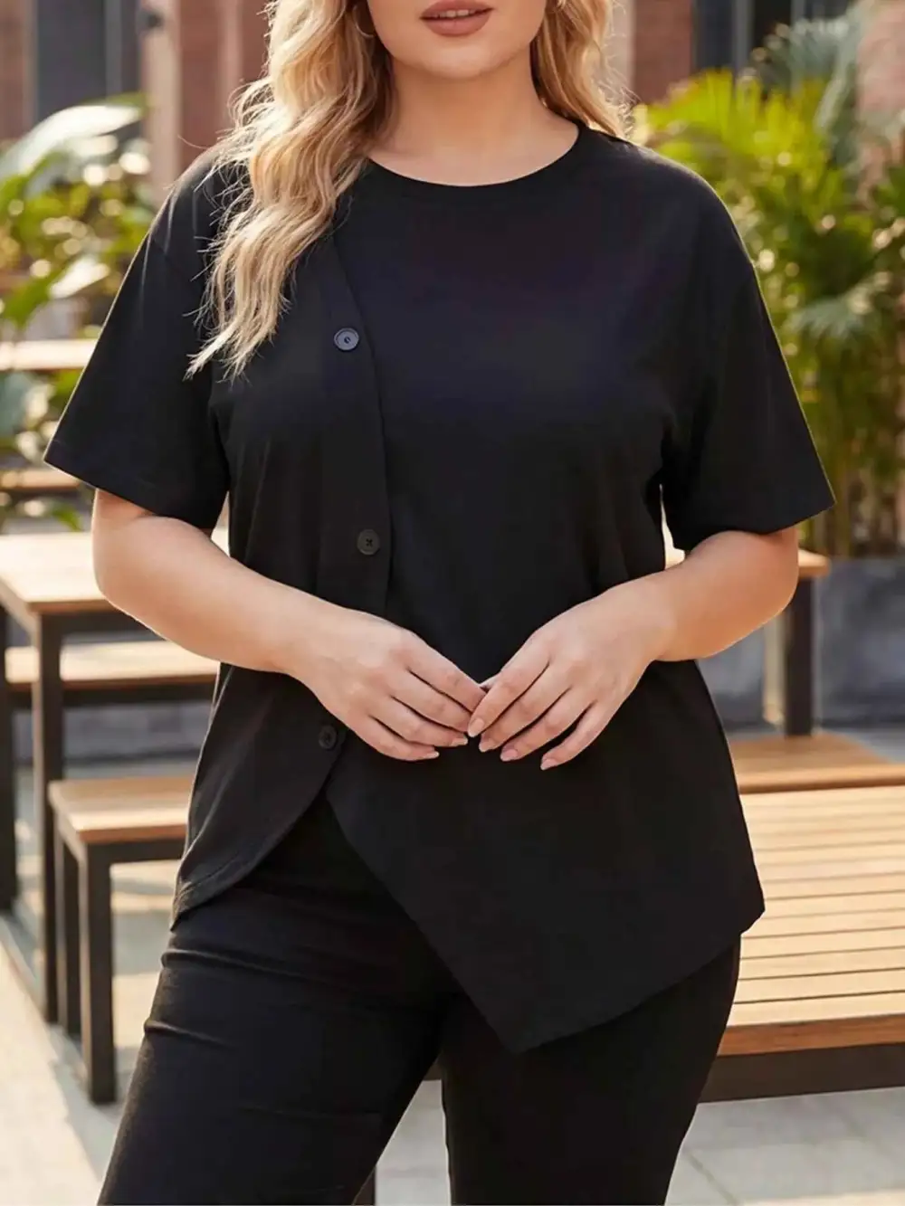 Asymmetrical Button Decor Short Sleeve T-Shirt
