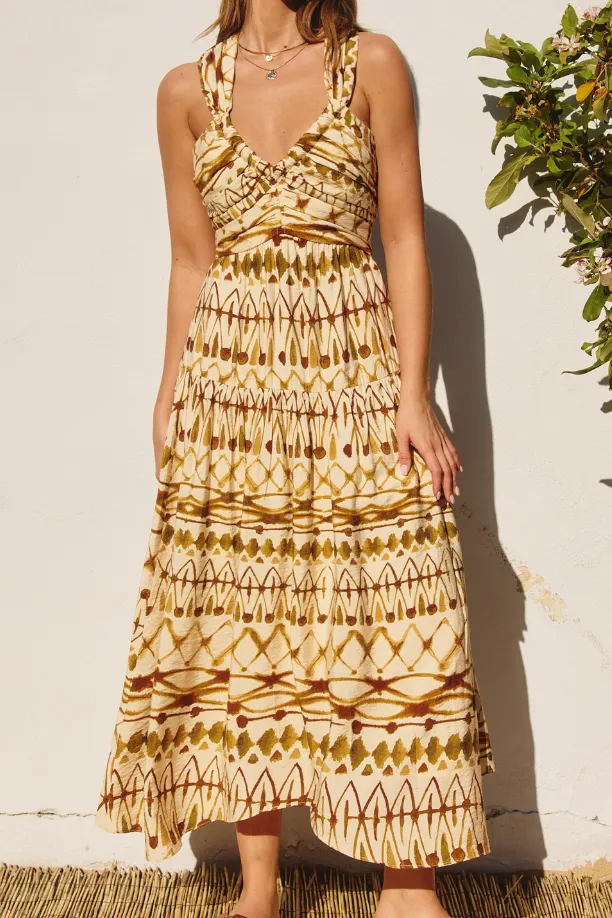 Brown Ivory Geometric Print Midi Dress