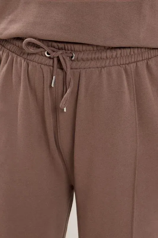 Brown Off Shoulder Sweatshirt & Jogger Wide Leg Set