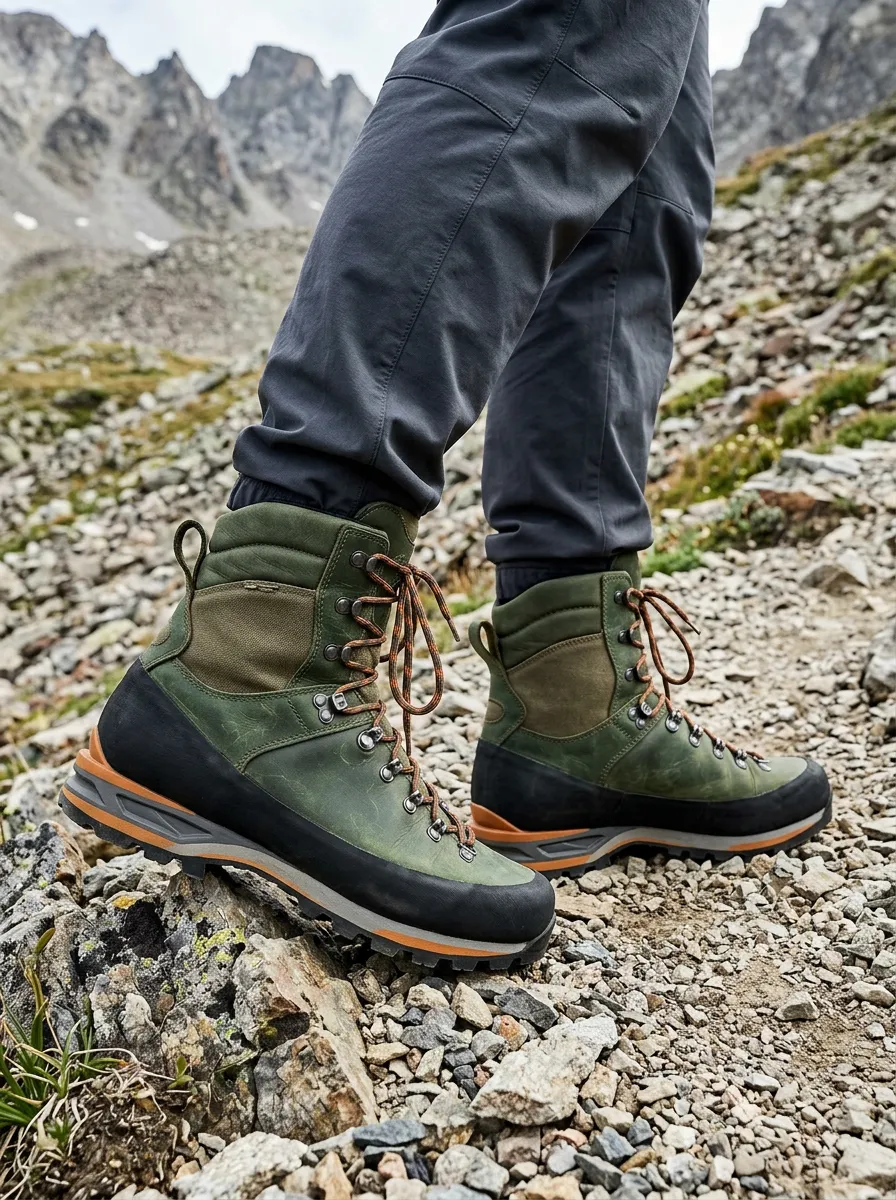 Men's Hiking Enthusiast Olive Green Leather Printed Boots