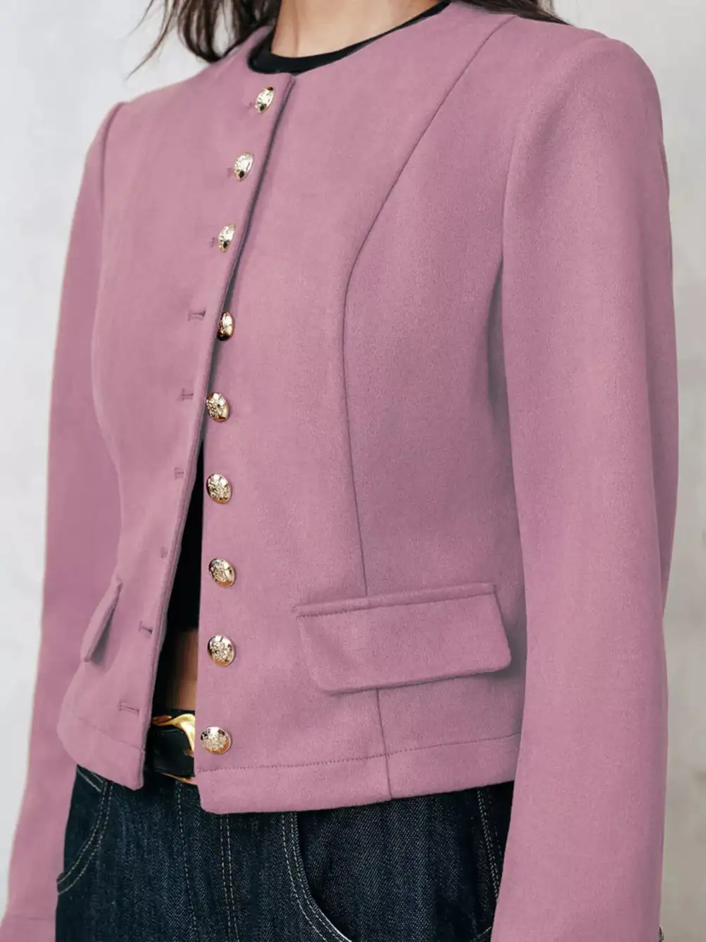 Button-Up Round-Neck Blazer