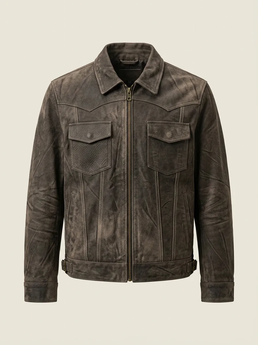 Men's Vintage Western Geometric Embossed Suede Jacket