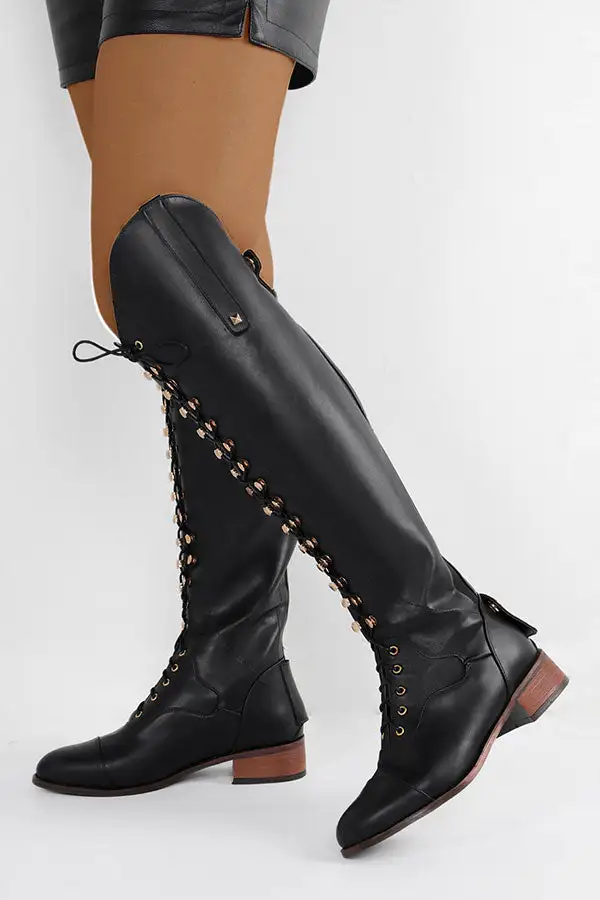 Black Metal Decor Lace-Up Boots