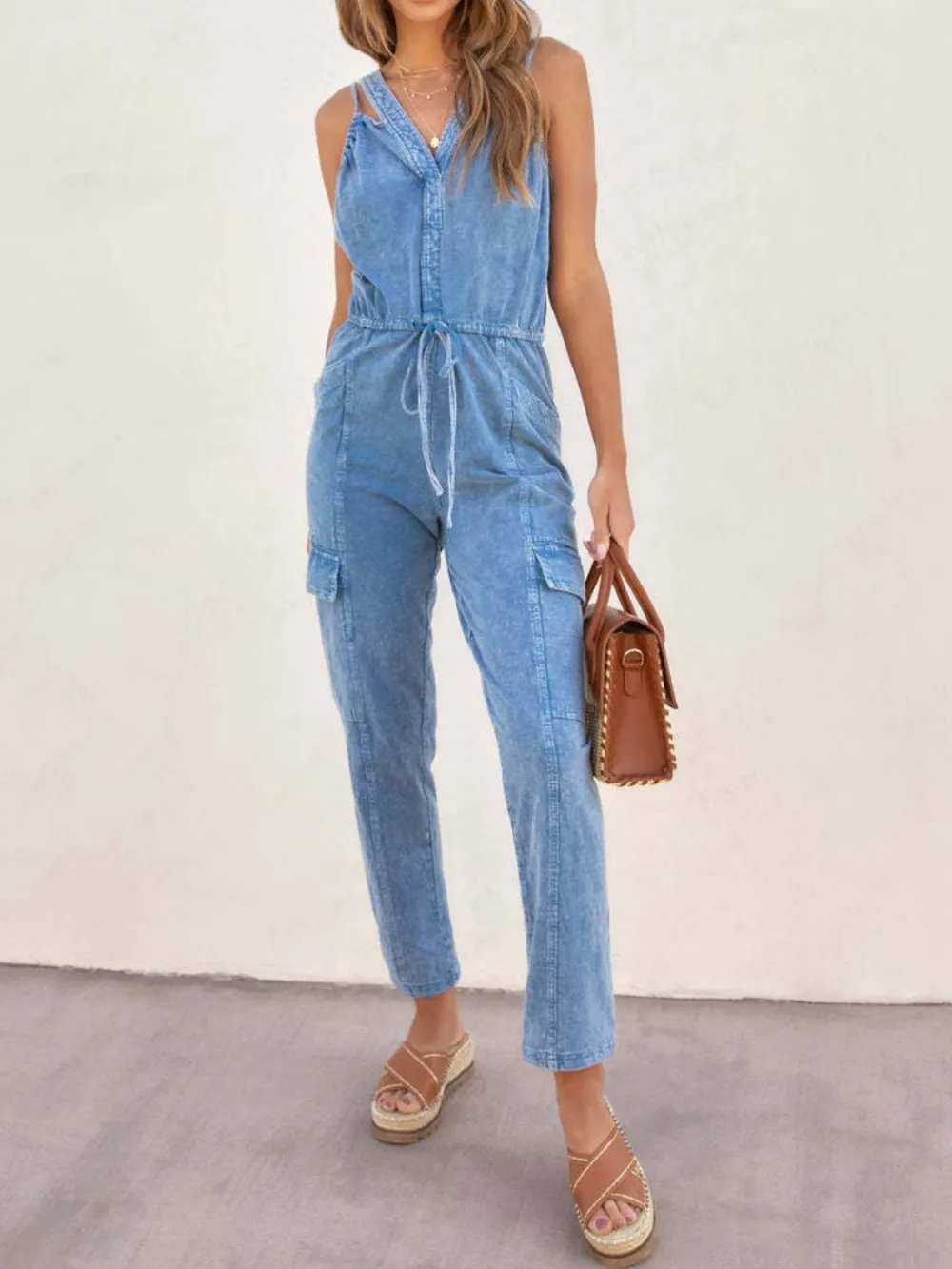 V Neck Sleeveless Jumpsuit Denim Pants