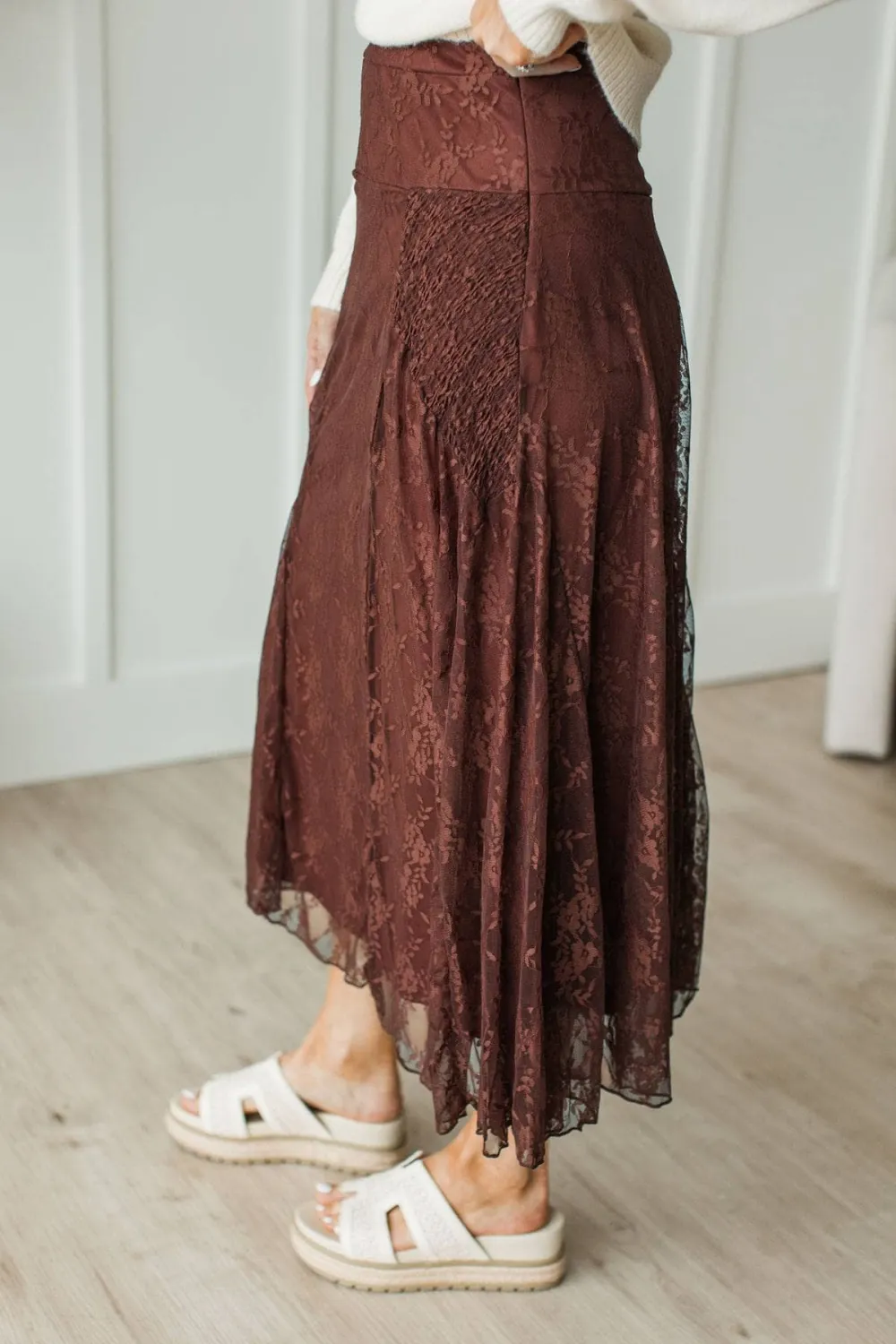 Smocked Floral Lace Midi Skirt