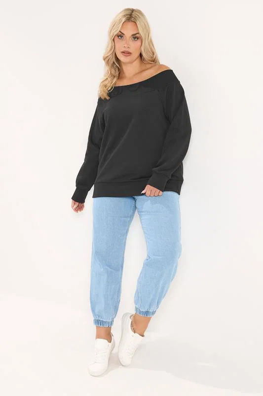 Black Ribbed Off Shoulder Sweatshirt detail 1
