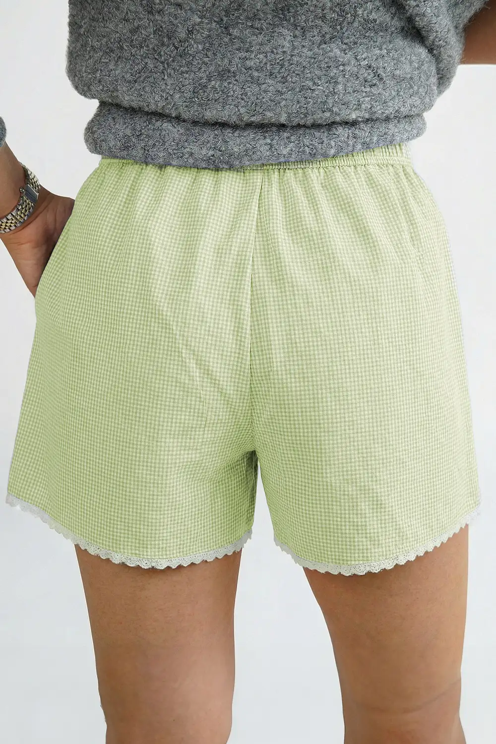 Elastic-Waist Lace-Trim Button-Detail Plaid Casual Shorts