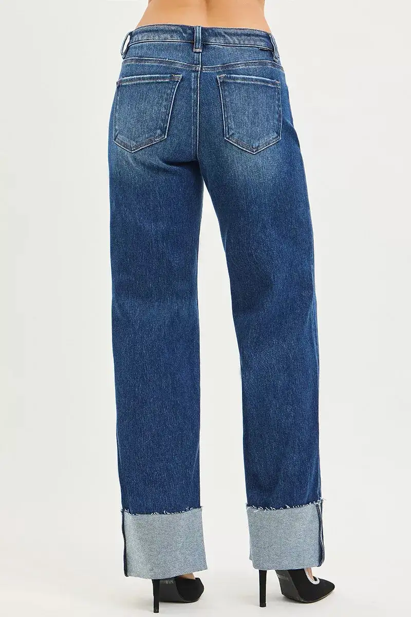 Mid Rise Cuffed Hem Wide Straight Jeans