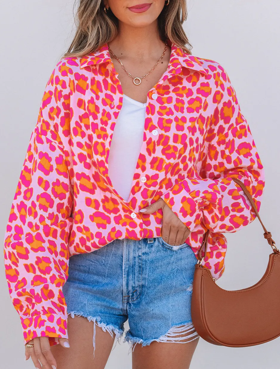 Women's Leopard Print Loose Fit Button Front Blouse