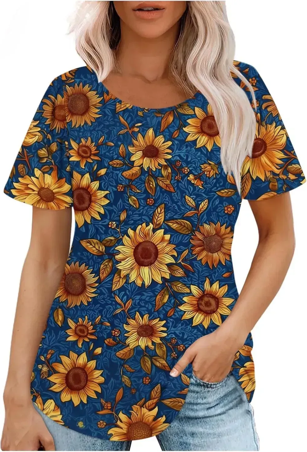 Womens Summer Pleated Front Shirts Tunics Casual Short Sleeved Loose Round Neck Boho Printed Tops Vacation Blouse